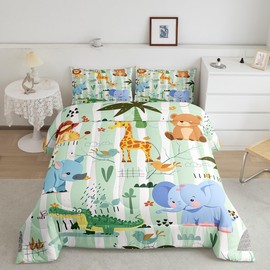 Feelyou Kids Baby Jungle Animals Comforter Set Twin Size Cute Cartoon Elephant Lion Giraffe Print Child Toddler Bedding Set Nursery Kids Safari Room Decor Exotic Natural Theme Duvet Set