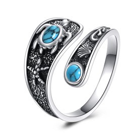 POPLYKE Meeresschildkröte Ringe 925 Sterling Silber Löffel Ringe Ozean Ring Damen Meeresschildkröte Schmuck Türkis Ringe Adjustbale 6-8#