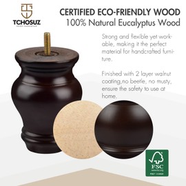 TCHOSUZ 4 inch / 10cm Wooden Furniture Legs, Pack of 4 Classic Walnut Solid Wood Turned DIY Replacement Bun Feet with M8 Hanger Bolts & T-Nuts for Sofa Couch Cabinet Ottoman Bed Riser