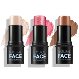 3 Pcs Cream Blush Contour Highlighter Stick,Highlighting & Contouring Stick,Bronzer Contour Stick for Sculpt the Cheeks,Lightweight Dewy Blush Stick,Waterproof and Long-Lasting (01,03,04)