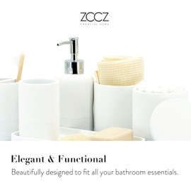 ZCCZ White Bathroom Accessories Set 6 Pieces - Toothbrush Holder, Lotion Dispenser, Qtip Container, Vanity Tray, Tumbler - Countertop Organizer for Bathrooms - Elegant and Functional Décor Set