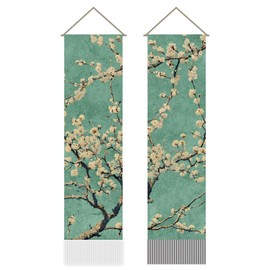 AHANDMAKER Pack of 2 Apricot Blossom Tapestries, Blossoming Almond Floral Vertical Long Aesthetic Tapestry, Doorway Curtain Tassel Wall Hanging for Bedroom Living Room, 13 x 51 Inch