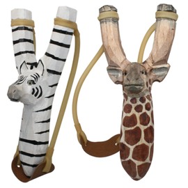 NatureLaunchers Nature LAUNCHERS - Hand-Carved Wooden Slingshot - 2 Pack - Giraffe Zebra