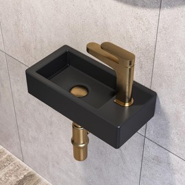 Small Bathroom Sink DeerValley, 15"x7" Mini Rectangle Wall Mount Vessel Sink for Bathroom Powder Room Cloakroom, Floating Space Saving Design, Easy to Clean Matte Black Ceramic Wash Basin (Right Hand)