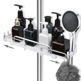 LOLYPOT Shower Shelf No Drilling Telescopic 32-48 cm, Shower Shelf for Hanging Bathroom Organiser, Shower Shelf No Drilling, Shower Rail Storage Shelf for 18 mm-25 mm Shower Rail (White)