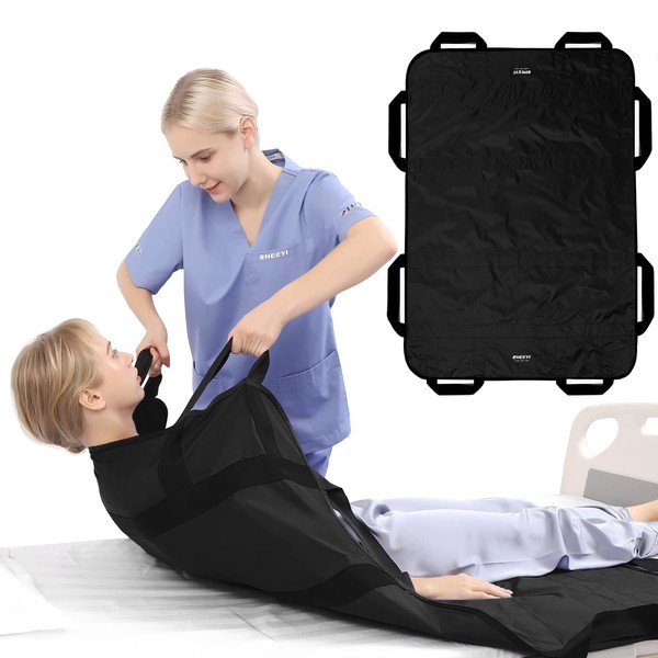 ZHEEYI Positioning Bed Pad with Reinforced Handles 55" x 40" Patient Transfer Sheet Aid Assistant for Body Lifting, Turning, Repositioning, for Elderly, Incontinence, Caregiver, Black
