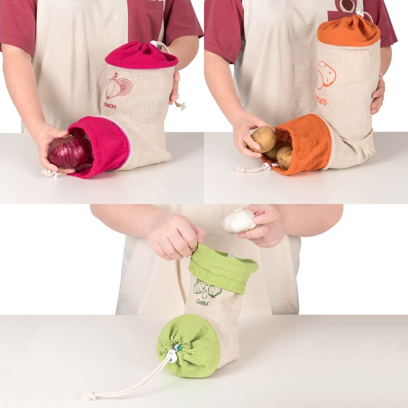 Set of 3 Reusable Hanging Vegetable Storage and Dispenser Bags,