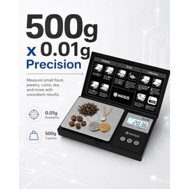 MAXUS Digital Pocket Gram Scale 500g x 0.01g High Precision with Tray, Weighs Small Food, Jewelry, Ounces, Grains, LCD Display, Tare Function