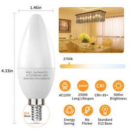Ocixhbe E12 LED Candelabra Bulbs 60W Equivalent, 2700k Soft Warm White, 6W B11 Candle Base Filament Vintage Light Bulbs, Non-Dimmable, Pack of 6