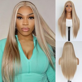 SALLYWELL Honey Blonde Lace Front Wig Honey Blonde Heat Resistant Synthetic Wig 180% Density 13×4 Lace Front Wig Highlight Synthetic Wig for Women(24Inch)
