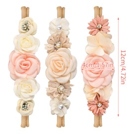 Pack of 3 Baby Hair Bands Girls 0-3 Years, Stretchy Nylon Baby Headband with Flowers Lace Pearl, Headbands Newborn Soft Cute Floral Hair Bands Thin Headband for Toddler Party Photography (A)