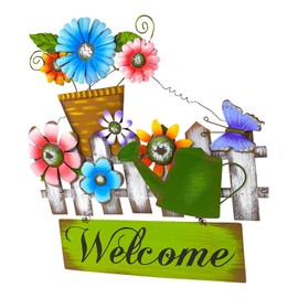 Hanna's Handiworks Welcome Metal Flowers Bugs Sign Wreath for Wall Front Door Fence Display Home Office Multicolor Rustic Decor 17inch x 16inch (Multicolor Flowers & Butterfly)