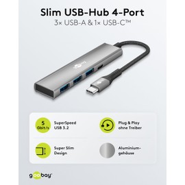 goobay USB-C Hub 4-Port Multiport Adapter with 3X USB-A and 1x USB-C, USB 3.2 SuperSpeed 5Gbps, Compact Aluminium Design for MacBook, Laptop, Tablet - 76562