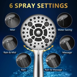 DAKINGS 6 Spray Modes High Pressure Handheld Showerhead Set Upgraded 5 Inches Shower Head with Handheld Spray Premium Chrome Handheld Shower Head 60 Inches Stainless Steel Hose-1-Min Install