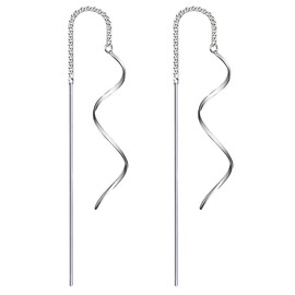Yaneno Classic Fashion Design 925 Sterling Silver Fresh Style Needle Bar Drop Threader Pull Through Tassel Dangle Curve Twist Earrings for Women's Gift (White)