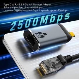ASHATA Type C Male to RJ45 Port Adapter, 2500Mbps Stable High Speed Signal USB C to Gigabit Ethernet Adapter for Win for PC TV