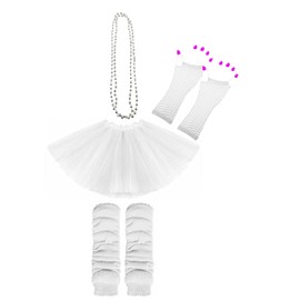 Lizzy Neon Colour Leg Warmers + Fishnet Gloves + 3Layer Tutu + Beads Necklace | 80s Neon Teen Fancy Dress Dance ware Hen Party Tutu Accessory (White, Older Girls)