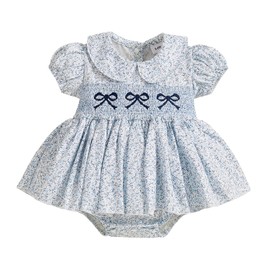 Edhomenn Baby Girl Romper Dress Bow Print Puff Short Sleeve Jumpsuit with Cute Headband Set Casual Newborn Girls Clothes 2 Piece Outfits (04 Blue, 0-3 Months)