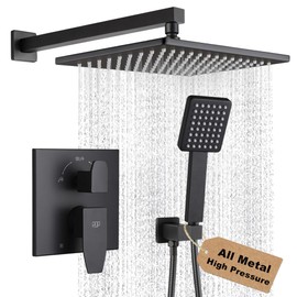 POP SANITARYWARE Matte Black Shower Faucet Set Rainfall 10 Inch Shower Head and Handle Set Bathroom Rain Shower System Wall Mounted Shower Fixture Include Shower Valve and Trim Kit