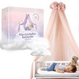 DREAMYBAMBINI Märchenhafter Betthimmel für Babybett, Prinzessin Babywiege, Beistellbett Baby, Moskitonetz, Babyzimmer Deko, Baldachin Kinderzimmer 170x960 cm (Creme-Beige rosa Touch)