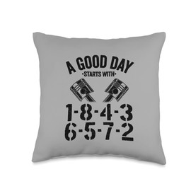 V8 Drag Racing & Funny Mechanic Gifts Men Women A Good Day Starts with 1-8-4-3-6-5-7-2 Firing Order Garage Throw Pillow, 16x16, Multicolor