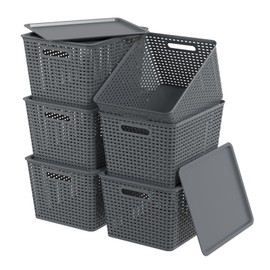 Zopnny Plastic Storage Baskets with Lid, Stackable Storage bins for Organizing Shelves Drawers Desktop Closet Playroom Classroom Office, 6 Pack, 20 Quart