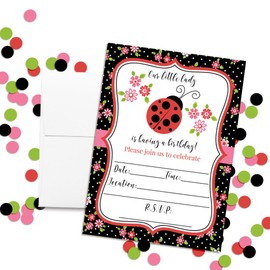 Flowers and Ladybugs Birthday Party Invitations for Girls, 20 Cute 5"x7" Fill In Cards with Twenty White Envelopes by AmandaCreation