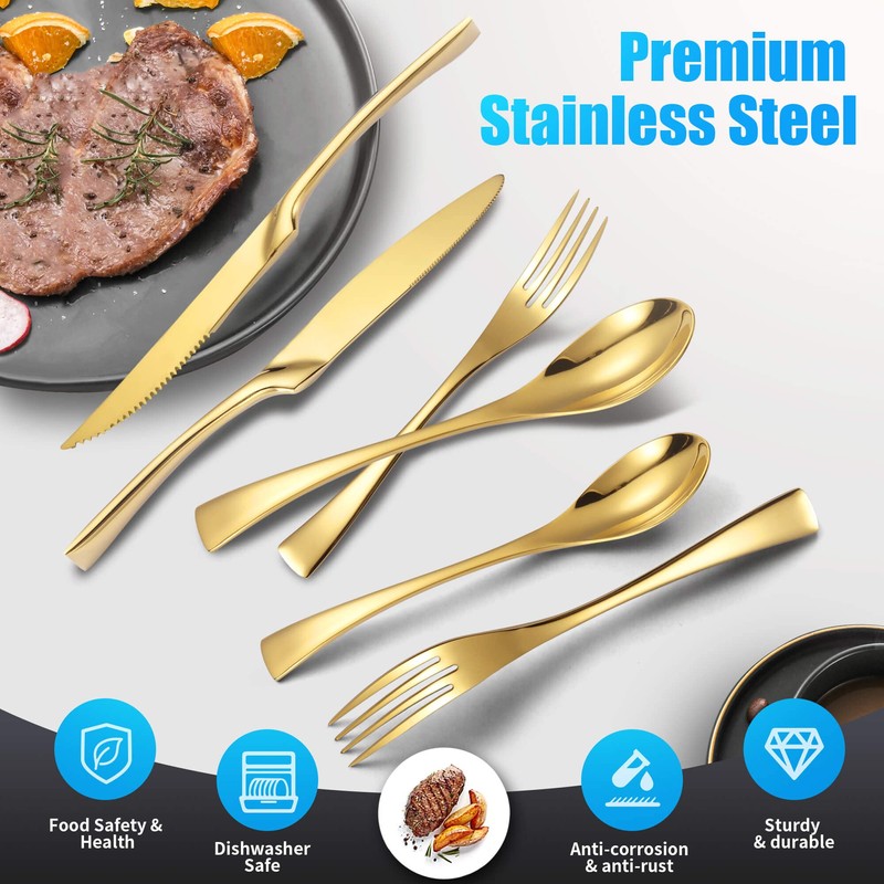 Lemeya 24 Piece Gold Silverware Set with Steak Knives,18/10 Stainless