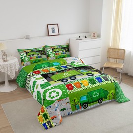 Cartoon Garbage Truck Bedding Comforter Sets Full,Colorful Trash Can Cute Green Cars Trees Bedding Set for Bedroom,Watercolor Abstract Stripes Geometric Art with 1 Comforter and 2 Pillowcases