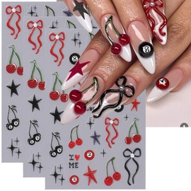 Summer Nail Art Stickers Decals Cherry Bowknot 5D Embossed Nail Decals 3PCS 5D Relief Billiards Ribbon Star Self-Adhesive Nails Design Manicure Sliders Nail Art Supplies for Women DIY Nail Decorations