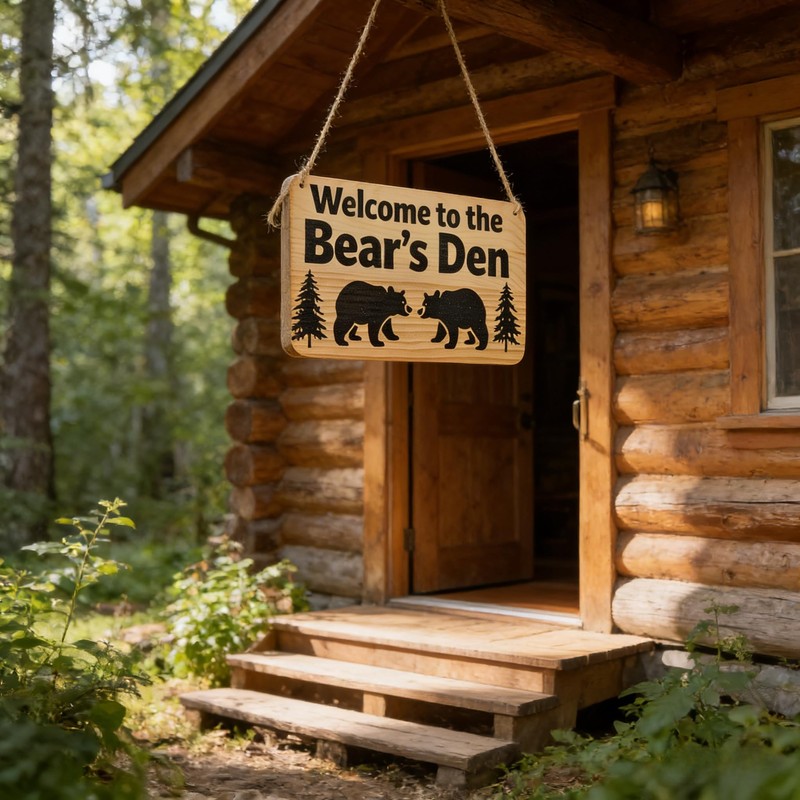 Rustic Wooden Welcome Sign, Bear's Den Cabin Decor with Black