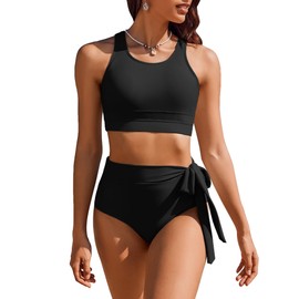 Vozobi Women's Bikini Sets High Neck Crop Top High Waisted Two Pieces Swimsuits Tummy Control Tankini Cute Bathing Suits Black