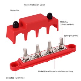 12V - 48V DC 250 Amp Power Distribution Block Bus Bar Terminal Block, 4 x M8 Terminal Studs with Cover and Ring Terminals with Cover, Power Rail for Car, RV, Boat, Marine, Yachts (Red+Black)