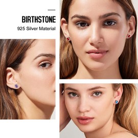 Suplight Crystal Earrings 925 Sterling Silver Birthstone Round Heart Pear Square Cut for Girls Women, Sterling Silver