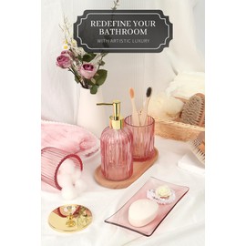 Designer Pink Glass Bathroom Accessories Sets - 4 Pcs with Lotion Soap Dispenser, Bathroom Toothbrush Holder, Vanity Tray, and Apothecary Jar, Vintage Bathroom Decor