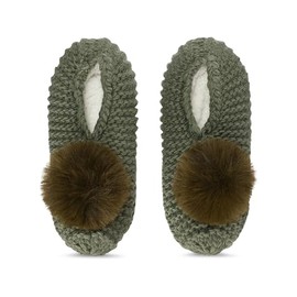 MeMoi Women's Pompom Recycled Knit Sherpa Lined Slippers Moss Green 9-11