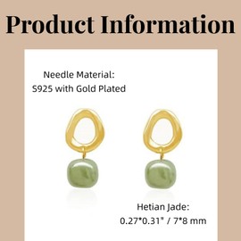 LOOYUUPEE Minimalist Natural Green Hetian Jade Beaded Pendant Stud Earrings Gold Circle Drop Good Luck Ear Jewelry Studs Gift for Women Mom Lover Her (925 Sterling Silver with Gold Plated)