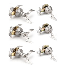 Knobonly 3 Pack Keyed Alike Front Door Handle with Double Cylinder Deadbolt, Satin Nickel Exterior Door Lock Set, Zinc Alloy