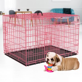 BLKMTY Foldable Dog Crate Wire Metal Dog Cage Small 24" Dog Kennel w/Divider Panel Double-Door Animal Segregation Cage Pet Crate w/Tray Dog Crates for Indoor Outdoor Travel Camping, Pink
