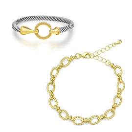 Wiilkac 2 Pcs Cuff Bracelets for Women Two Tone - Cable Bangle Bracelet Wire Twisted Gold Hook Stone - Gold and Silver Chain Bracelets Circle Jewelry Gift (2 Pcs B)