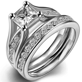Stainless Steel Princess Cut Bridal Wedding Engagement Ring Set (10)
