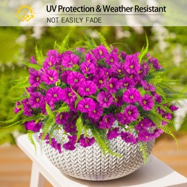 HIAGROW Artificial Flowers Outdoors 12 Bundles Artificial Petunias Fake Flowers UV Resistant Shrubs Plants with Fern for Indoor Outside Hanging Planters Home Garden Summer Decorations (Magenta)