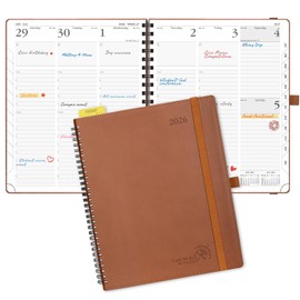 POPRUN 2026 Agenda ‎[Large-8.5'' x 10.5''] with Hourly Schedule & Vertical Weekly Layout - 2026 Weekly Planner for Time Management, Monthly Tabs, Spiral Bound, Leather Soft Cover - Brown
