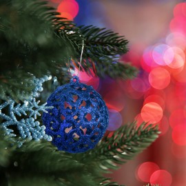 Relaxdays Christmas Baubles Set of 50, Glitter, Matte and Shiny Christmas Tree Baubles, Plastic, Diameter 3, 4 and 6 cm, Blue