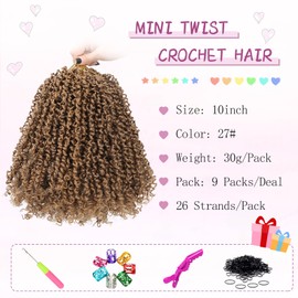 Fulcrum Yanky Mini Twist Crochet hair 10Inch, 2Packs Passion Twist Crochet Hair for black Women, Pre-Twisted Crochet Twist Hair with Curly Ends (10Inch, 27#)
