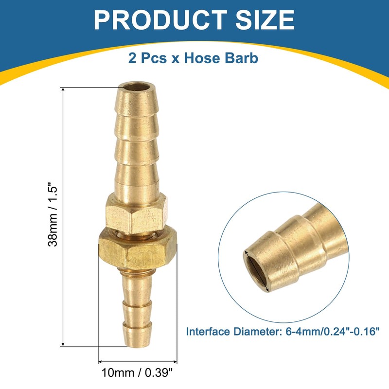 sourcing map 2Pcs 1/4" x 3/16" Hose Barb Fitting, Brass