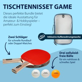 HUDORA Tischtennis Set Game - hochwertiges Tischtennisschläger Set mit 2 Schlägern & 3 Bällen - Ping Pong Schläger Set inkl. Aufbewahrungstasche - Tischtennis Schläger ideal für Einsteiger