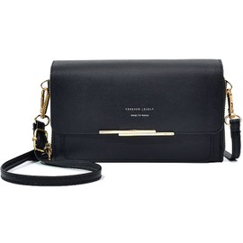 Bolsos Bandolera Pequeño Mujer, Cartera Teléfono Celular Cremallera Doble Monedero Grande Capacidadde Tajetero de Cuero Sintético Cartera Hombro con 2 Compartimientos Billetera (Negro)
