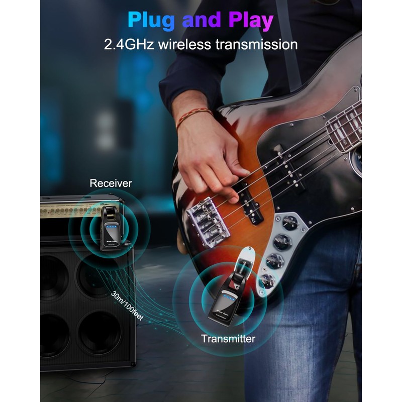 Wireless Guitar System 2.4 GHz with 6 Channels Rechargeable Audio