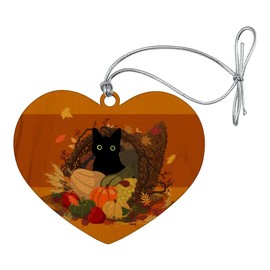 GRAPHICS & MORE Thanksgiving Black Cat Hiding in Cornucopia with Pumpkins Heart Love Wood Christmas Tree Holiday Ornament